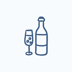 Image showing Bottle and glass of champagne sketch icon.