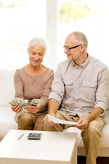 Image showing senior couple with money and calculator at home