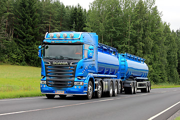 Image showing New Blue Scania R580 Tank Truck on Summer Road