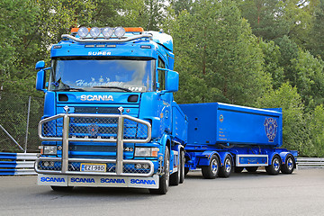 Image showing Blue Scania 164G Truck and Gravel Trailers 