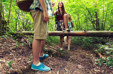 Image showing close up of friends with backpacks hiking