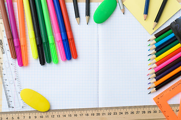 Image showing School stationery with notebook copyspace