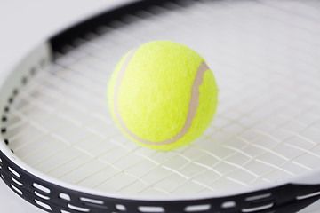 Image showing close up of tennis racket with balls