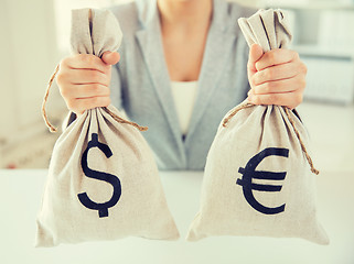 Image showing close up of woman hands holding money bags