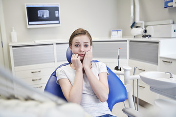 Image showing scared and terrified patient girl at dental clinic