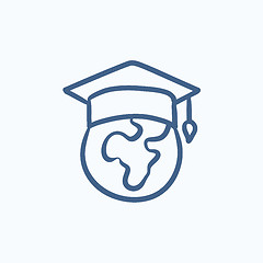 Image showing Globe in graduation cap sketch icon.