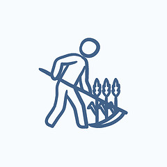 Image showing Man mowing grass with scythe sketch icon.
