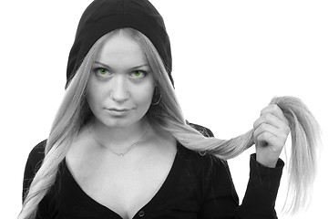 Image showing green-eyed woman in hood