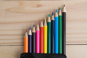 Image showing Colored pencils on a wooden board