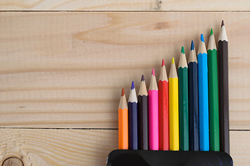 Image showing Colored pencils on a wooden board