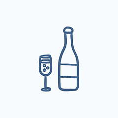 Image showing Bottle of champaign and glass sketch icon.