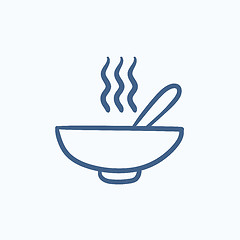 Image showing Bowl of hot soup with spoon sketch icon.