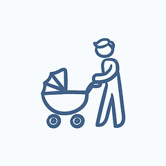 Image showing Man walking with baby stroller sketch icon.