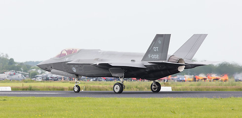 Image showing LEEUWARDEN, THE NETHERLANDS - JUNE 10, 2016: Dutch F-35 on the r