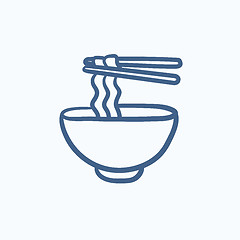 Image showing Bowl of noodles with pair chopsticks sketch icon.