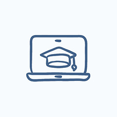 Image showing Laptop with graduation cap on screen sketch icon.