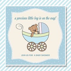 Image showing baby boy shower card with stroller and teddy bear