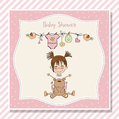 Image showing baby girl shower card with little girl and her teddy bear