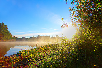 Image showing fog and sun  on the river