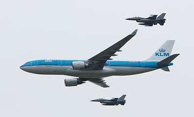 Image showing LEEUWARDEN, NETHERLANDS - JUNE 11 2016: Dutch KLM Boeing escorte