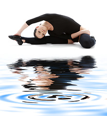 Image showing fitness in black leotard on white sand #3