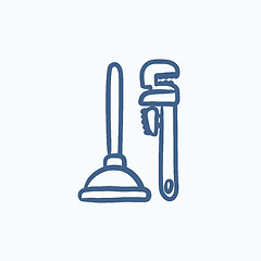 Image showing Pipe wrenches and plunger sketch icon.