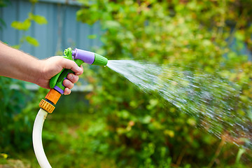 Image showing Working watering garden from hose