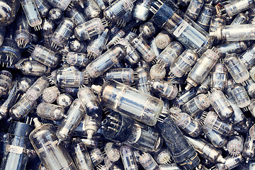 Image showing Top view heap of old glass vacuum radio tubes