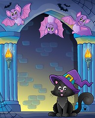 Image showing Wall alcove with Halloween cat and bats