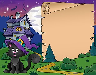 Image showing Halloween parchment with cat and house