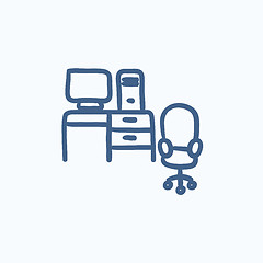 Image showing Computer set with table and chair sketch icon.