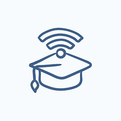 Image showing Graduation cap with wi-fi sign sketch icon.