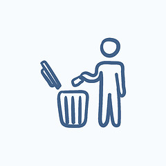 Image showing Man throwing garbage in a bin sketch icon.