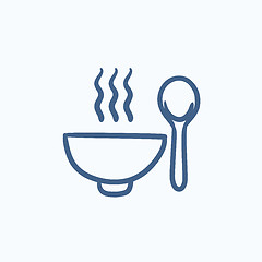 Image showing Bowl of hot soup with spoon sketch icon.