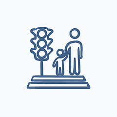 Image showing Parent and child crossing the street sketch icon.