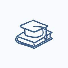 Image showing Graduation cap laying on book sketch icon.