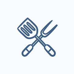 Image showing Kitchen spatula and big fork sketch icon.