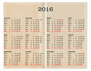 Image showing Year 2016 calendar - United Kingdom