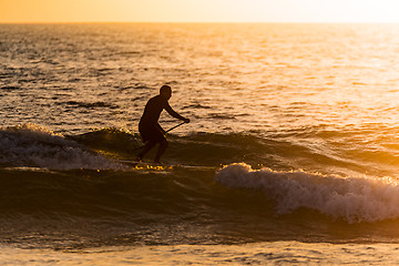 Image showing Stand up paddler silhouette at sunset