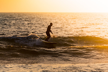 Image showing Stand up paddler silhouette at sunset