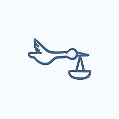 Image showing Baby basket with stork sketch icon.