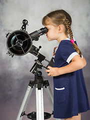 Image showing Girl amateur astronomers looking into the telescope eyepiece