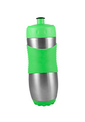 Image showing Green metal camping water bottle isolated on white.