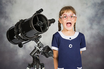 Image showing Girl astronomer happily surprised by what he saw in the telescope
