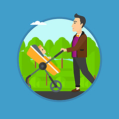 Image showing Father walking with his baby in stroller.