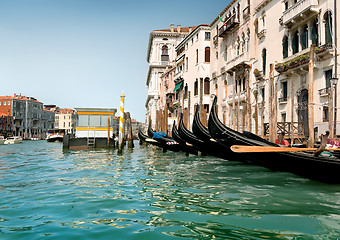 Image showing Black gondolas in Venice