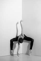 Image showing Ballerina in black outfit posing on pointe shoes, studio background.