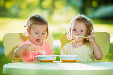 Image showing Two little girls sitting at a table and eating together against green lawn