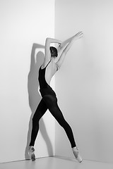 Image showing Ballerina in black outfit posing on pointe shoes, studio background.