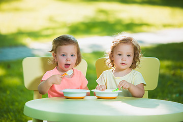 Image showing Two little girls sitting at a table and eating together against green lawn